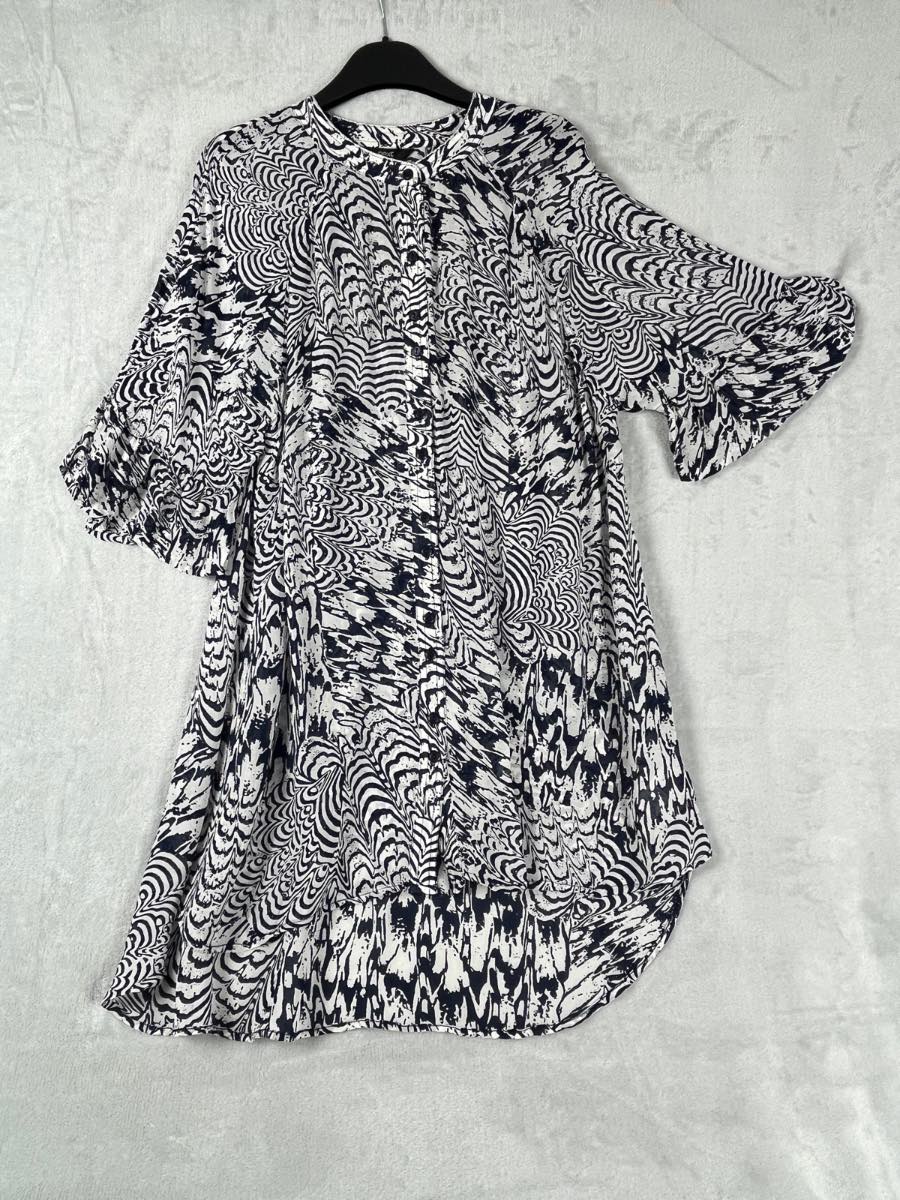 Next UK 20 Navy & White Abstract Swirl Print Button Front Tunic Shirt Blouse Longline Top Frill