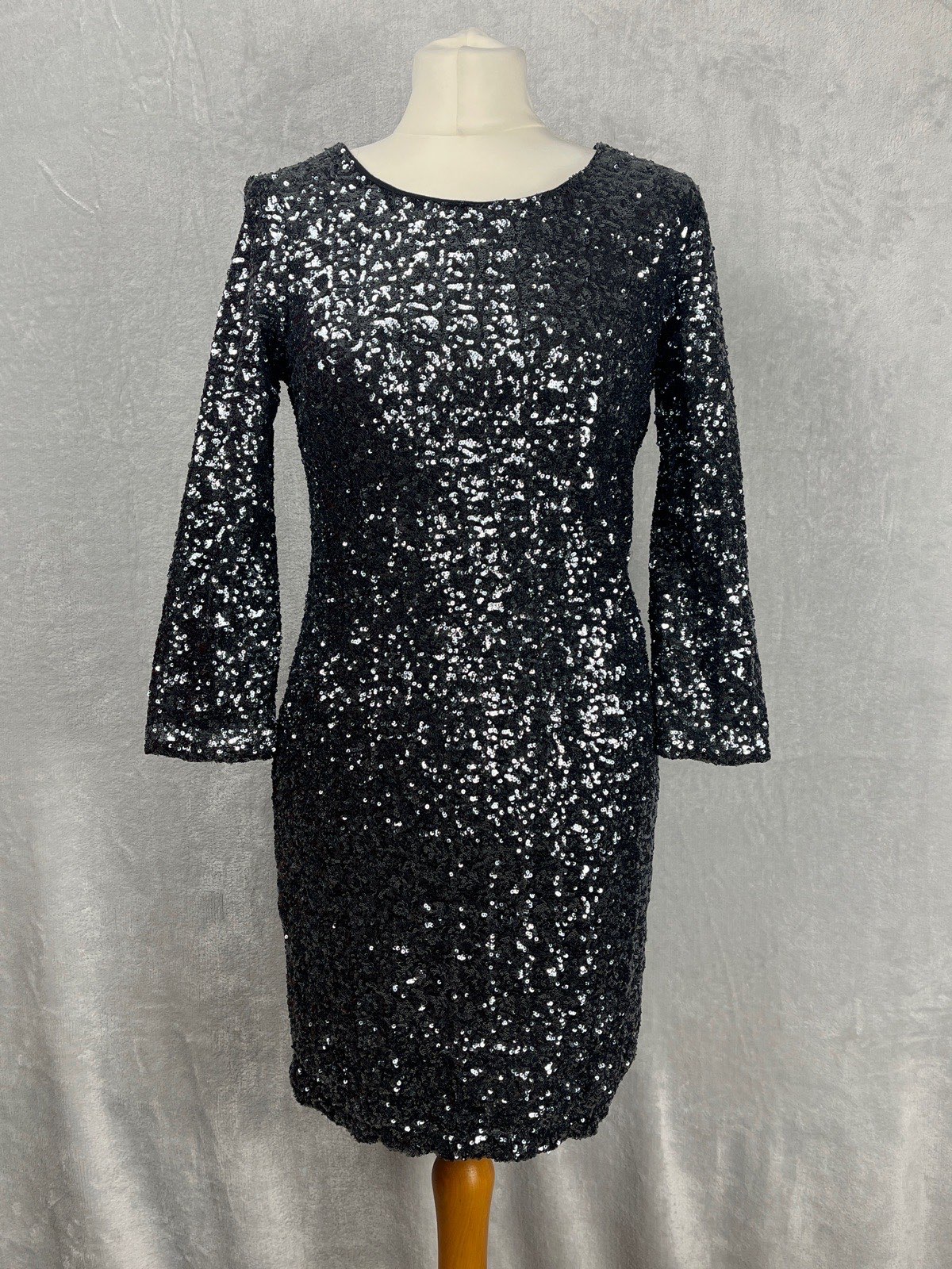 Sweewe Size M/L UK 10/12 Black Sequin Dress Sparkly Party Mini Cocktail Bodycon
