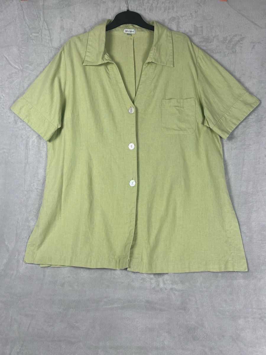 Mish Mash Blouse Plus Size 22/24 Pale Lime Green Linen Blend Short Sleeve Button Up Shirt Tunic Top