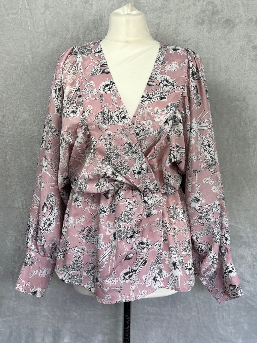 AX PARIS Dusty Pink Floral Wrap Top Peplum Cuffed Balloon Sleeve Blouse