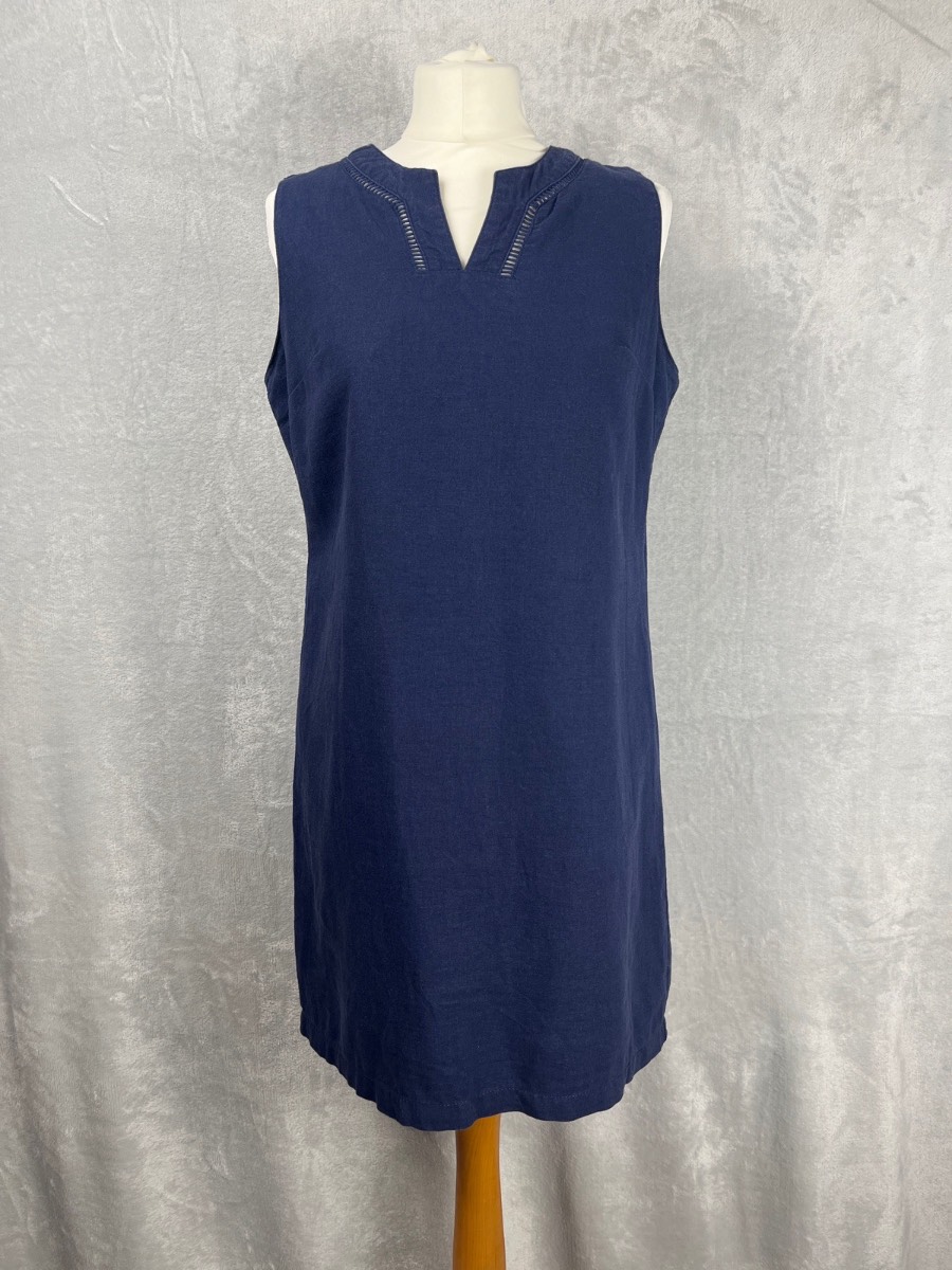 Peacocks Navy Blue Linen Blend Shift Dress Size 12 Womens Sleeveless V Neck Summer Casual Smart Work