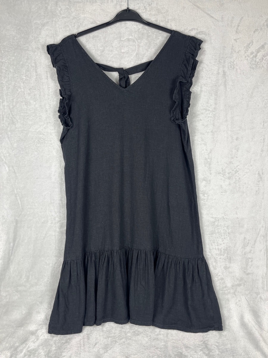 Next Size 18 Black Linen Blend Dress Ruffle Sleeve Tie Back Tiered Smock Casual Summer