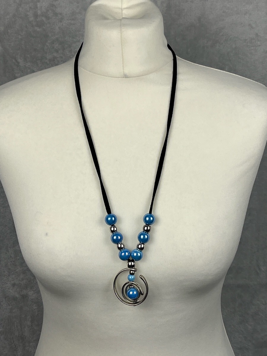Armillary Sphere Style Necklace Blue Beaded Silver Celestial Pendant Statement