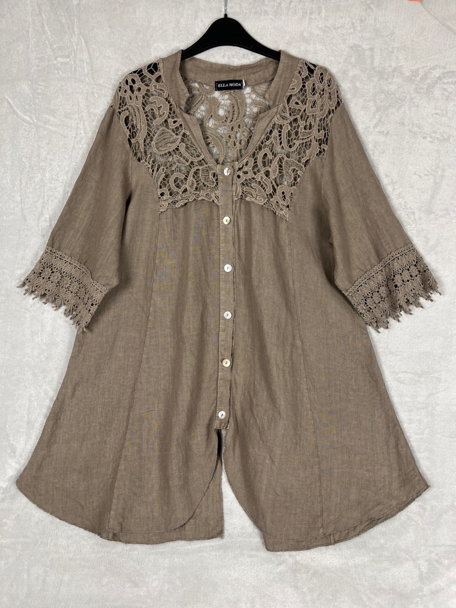 Ella Moda Size L Taupe Beige 100% Linen Lace Yoke Lagenlook Tunic Top Blouse