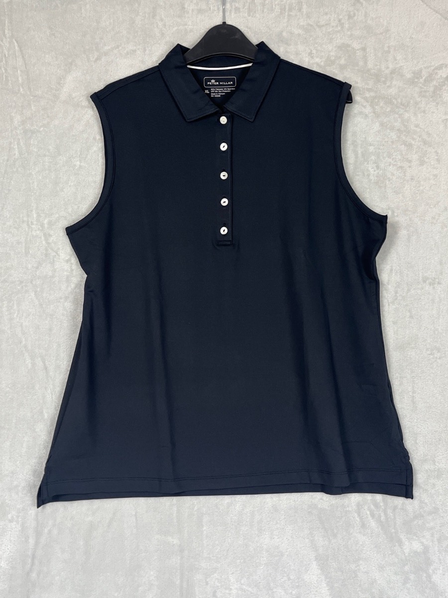 Peter Millar Womens Size XL UK 20 Black Sleeveless Golf Polo Top NWT UPF 50 Activewear