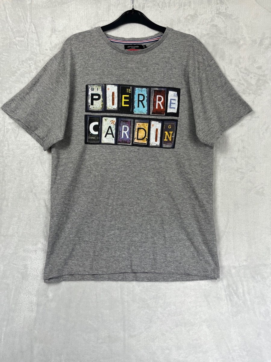 Pierre Cardin Paris Mens T-Shirt Size XL Grey Short Sleeve Block Print Tee Casual Wear