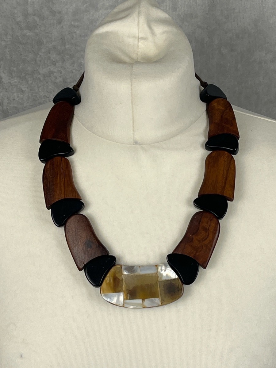 Chunky Wooden Statement Necklace Boho Mother of Pearl Shell Centre Piece Brown Black Resin Bead Gift