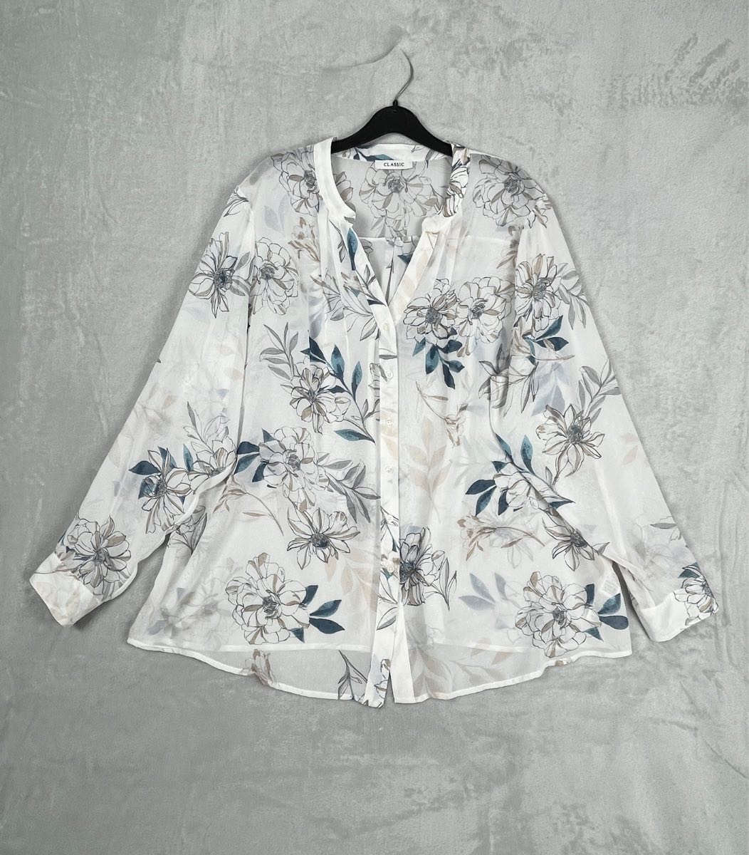 M&S Marks & Spencer Size UK 24 Ivory White Blue Floral Sheer Long Sleeve Blouse Shirt Top