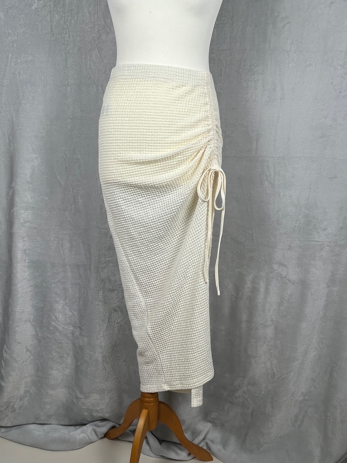 SHEIN Midi Skirt Size L UK 12 14 Cream Ivory Waffle Knit Ruched Summer Beach Drawstring Side Slit