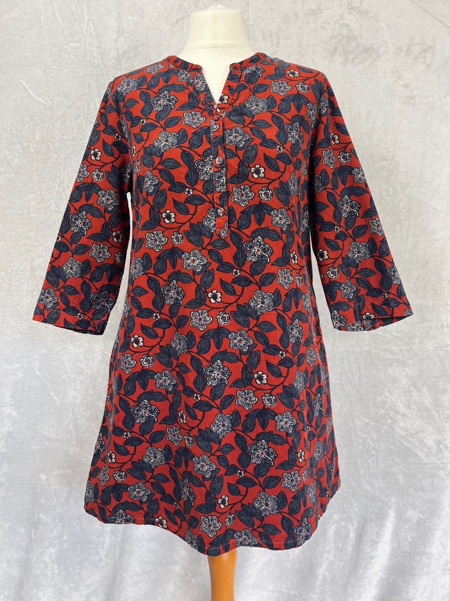 Seasalt Cornwall Size UK 10 Corduroy Tunic Dress Red Floral Needlecord Cotton Autumn Smart Casual