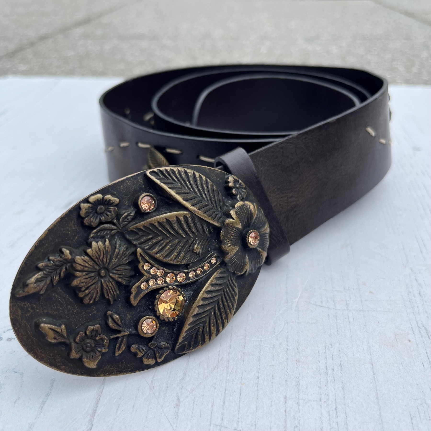 Y2K Per Una Floral Diamanté Metal Buckle Brown Leather Belt Fairy Whimsy Size M/L