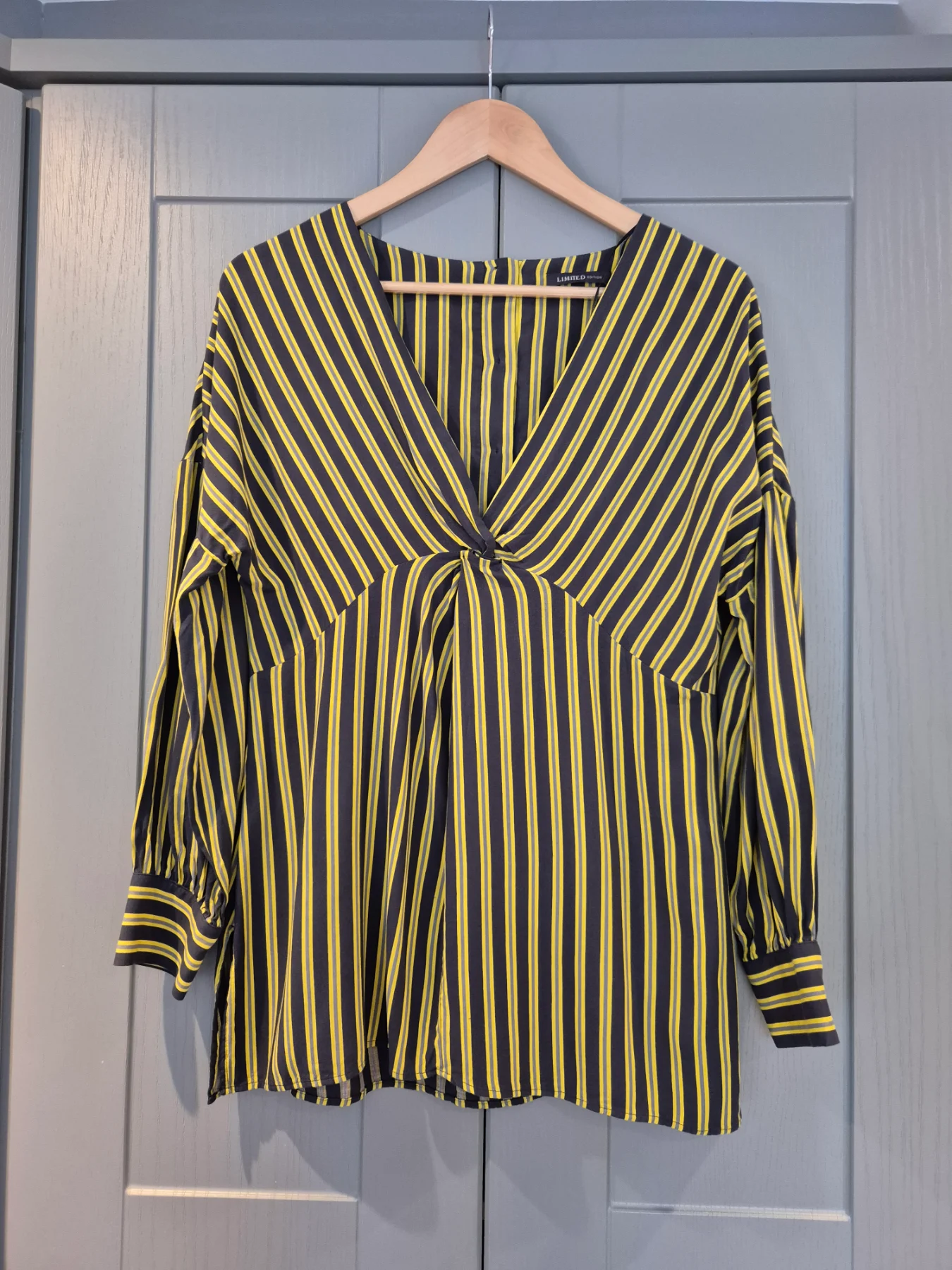 M&S Limited Edition Navy Blue Mustard Vneck Striped Long Sleeve Blouse Top Size 12
