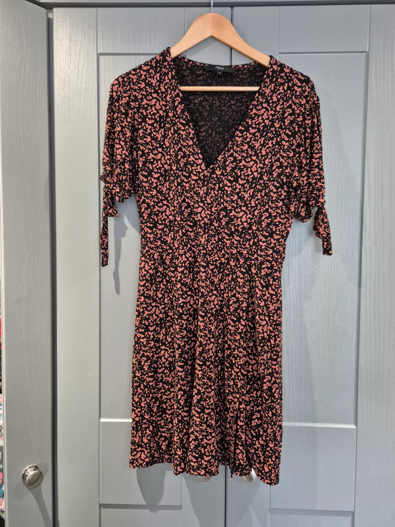 Next Black And Pink Animal Print Tie Detail Short Sleeve Tea Dress Size 12