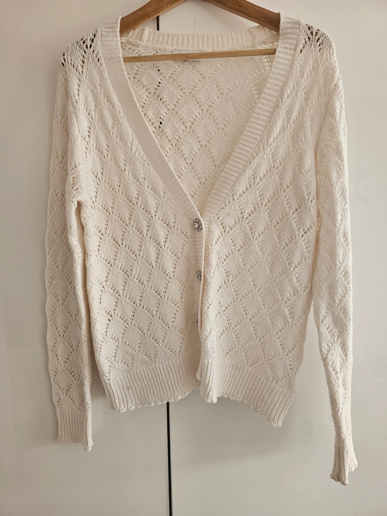 Papaya Cream Diamond Pointelle Open Knit Rhinestone Gem Button Cardigan - Size M (UK 12-14)