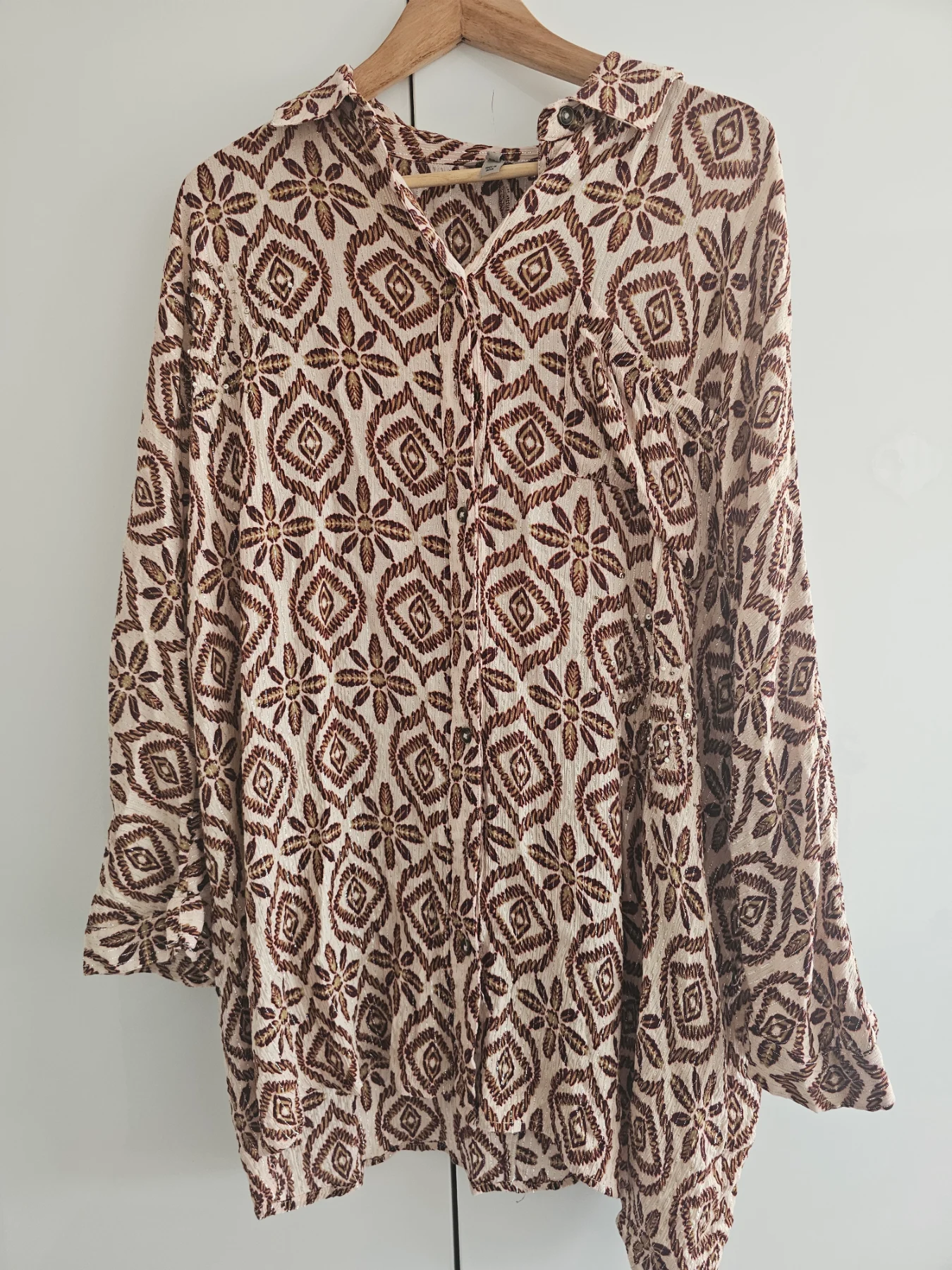 River Island Rust Gold Shimmer Metallic Boho Ikat Oversized Beach Shirt Blouse - Size S