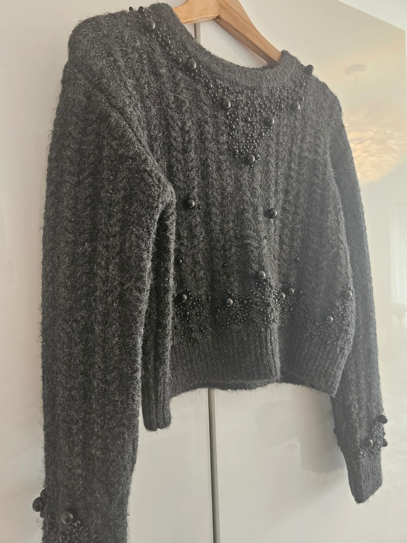 Zara Charcoal Grey Mohair-Blend Pearl & Beaded Cropped Cable Knit Jumper - Size S