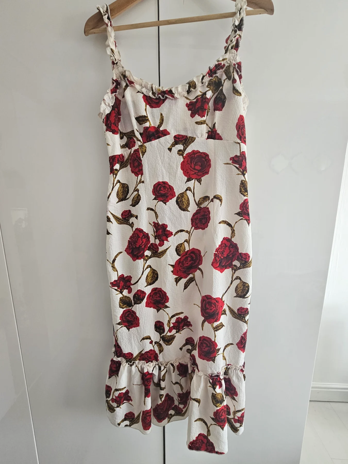 Cider Cream & Deep Red Rose Floral Ruffle Milkmaid Midi Sundress - Size XL (UK 14-16)