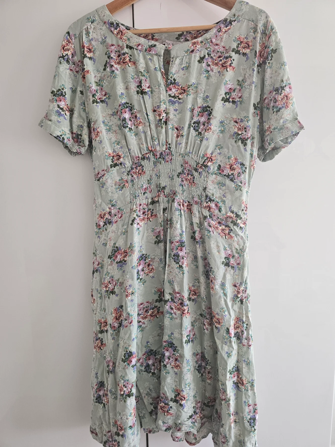 Peacocks Sage Green Floral Cottagecore Shirred Waist Midi Tea Dress - Size 16