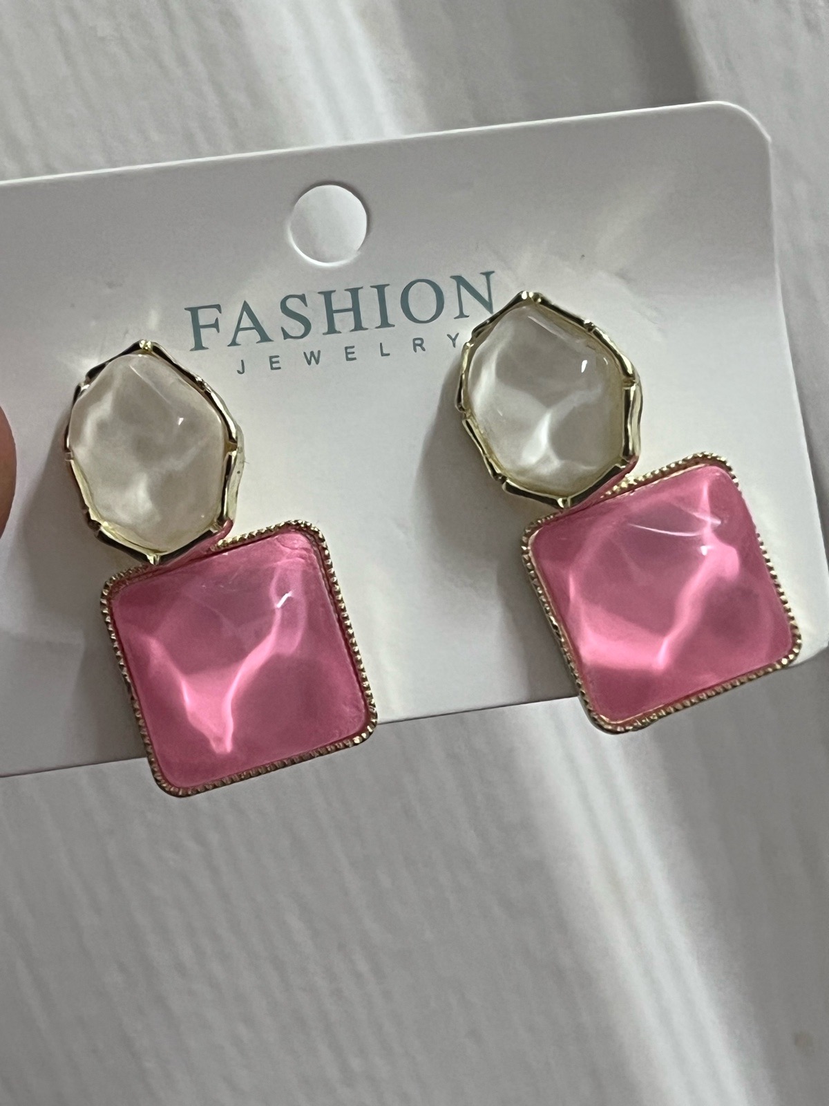 Drop earrings pink white marble stone look