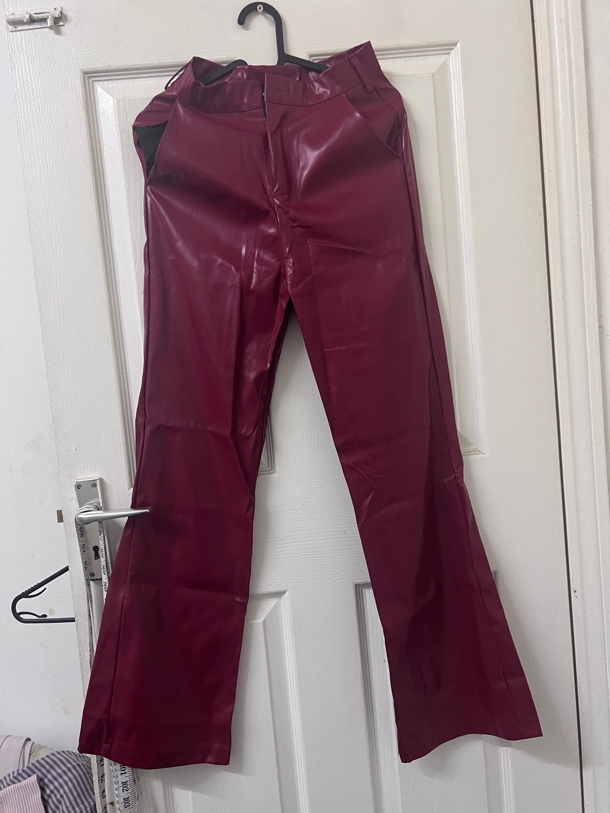 Burgundy Faux Leather Flare Trousers Y2K Going Out