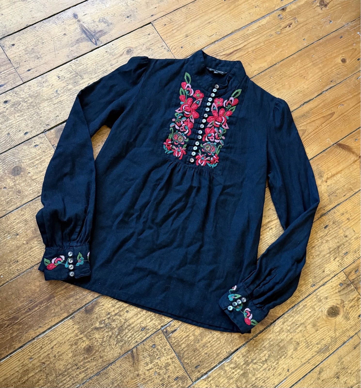 Zara Woman Black Embroidered Folk Boho Blouse Top Size S UK 8-10 Long Sleeve