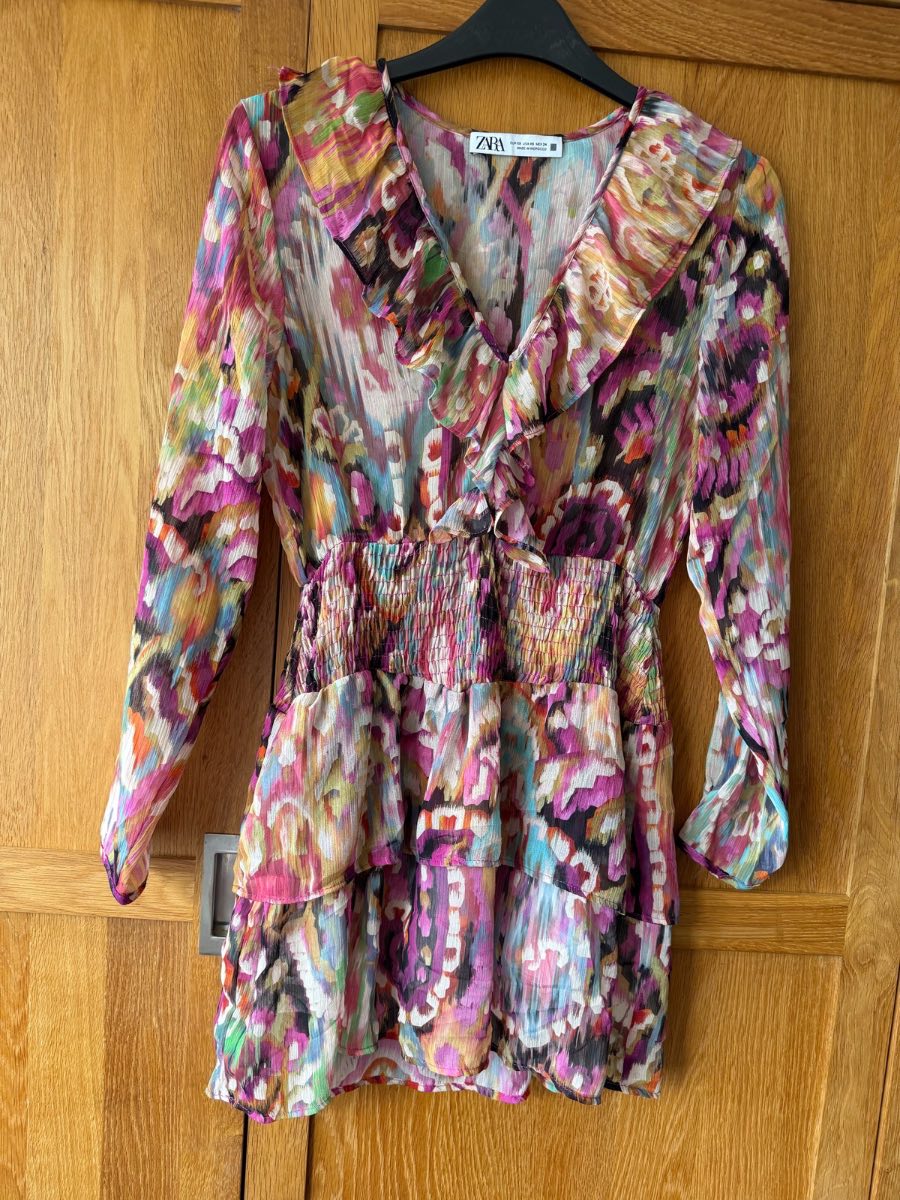 ZARA Mini Dress/Top UK Size 6 Abstract Brushstroke Print Ruffle Boho Festival