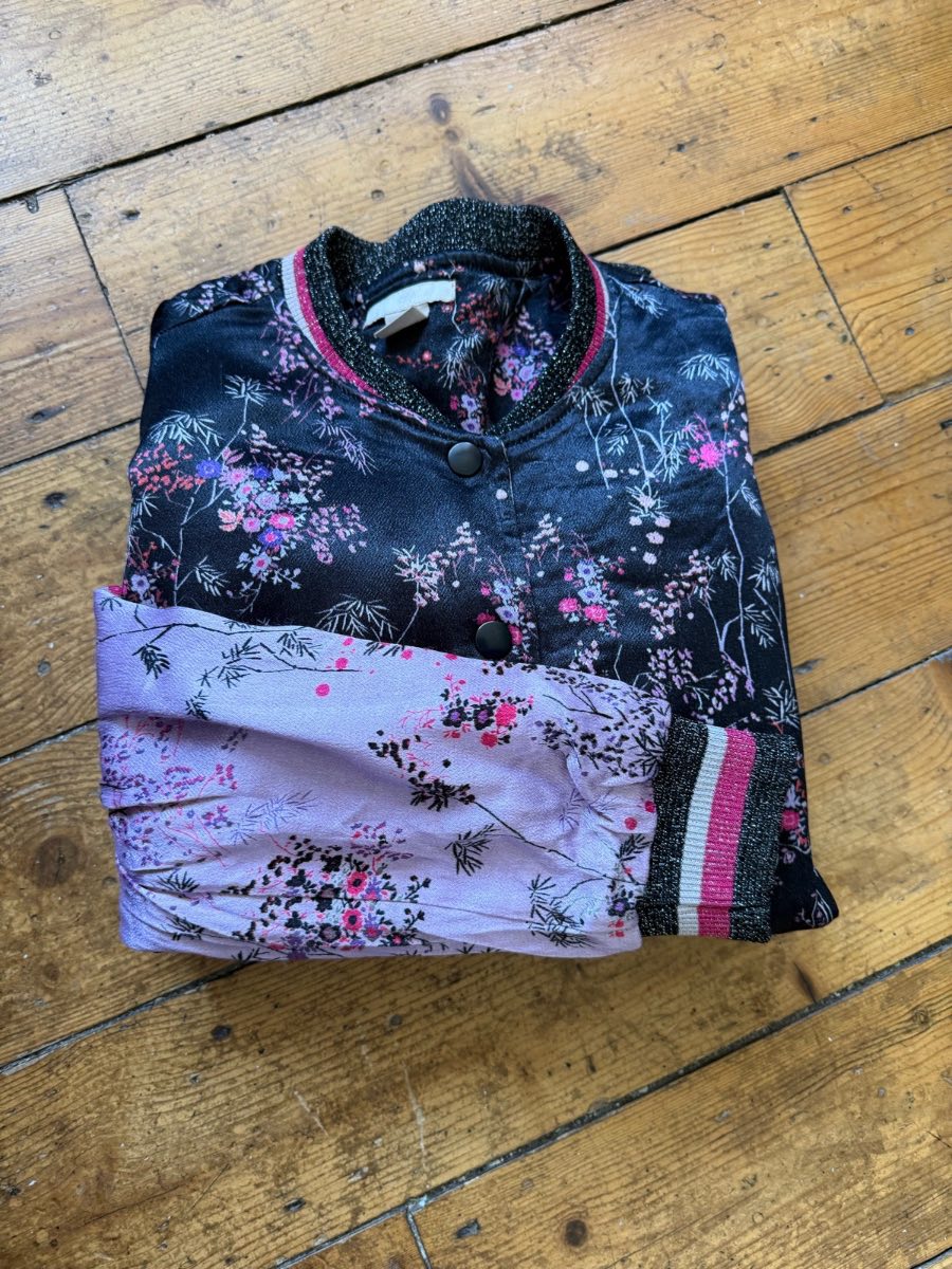 H&M Cherry Blossom Satin Bomber Jacket UK 14 US 10 Black Lilac Varsity Retro