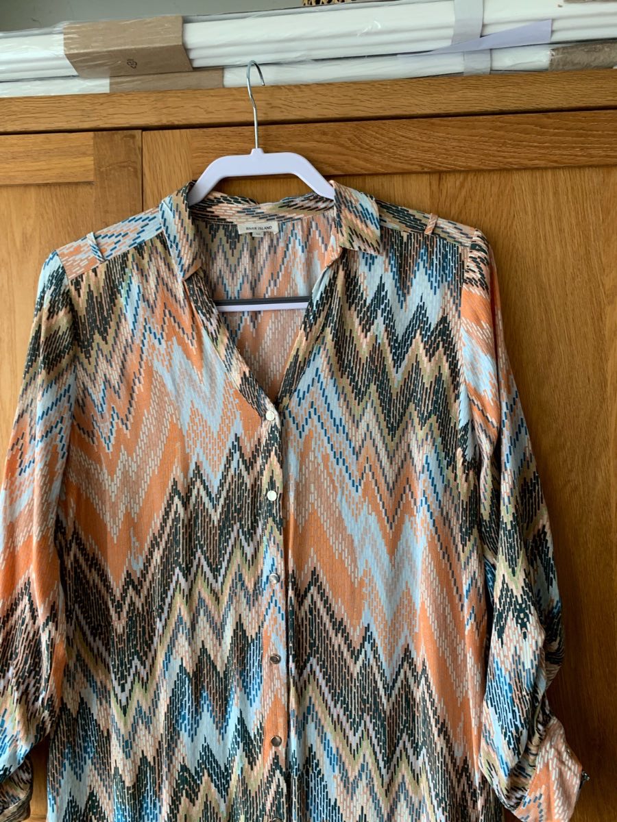 River Island Chevron Shirt Dress UK 10 Cotton Blend Geometric Midi No Belt