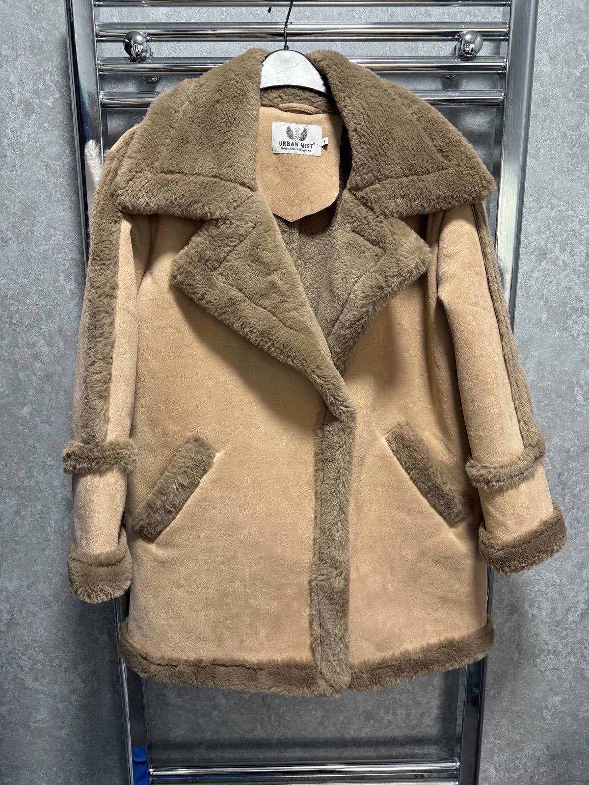 Urban Mist Jacket Faux Suede Shearling Coat Beige Size Medium Faux Fur Trim