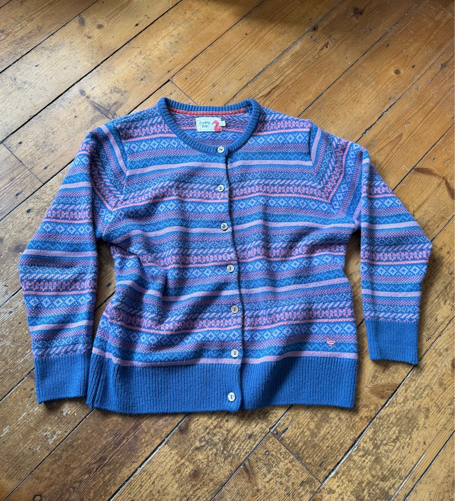 Country Rose Fair Isle Cardigan Size Large Blue Pink Wool Blend Knit Jumper