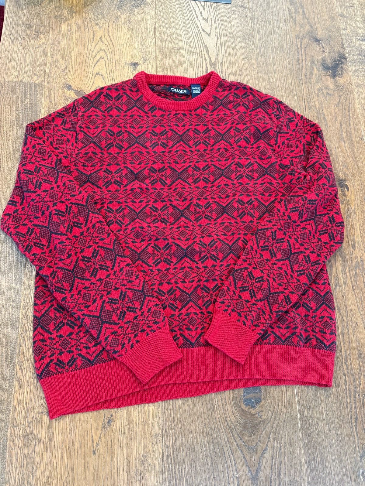 Vintage Chaps Mens XL Red Navy Knit Jumper Fair Isle Nordic Sweater 100% Cotton