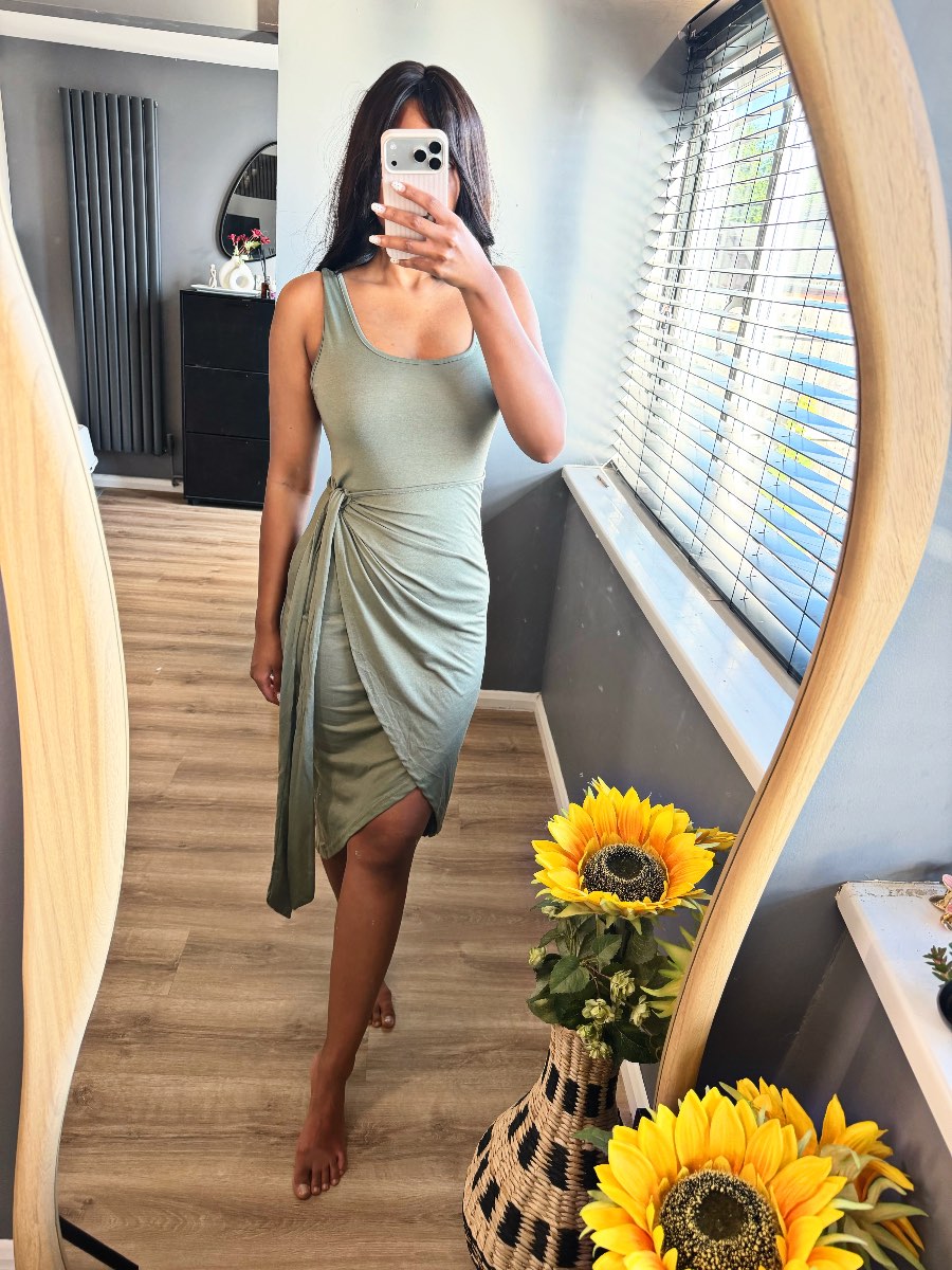 SHEIN Sage Green Wrap Midi Dress UK L Olive Bodycon Summer Holiday Wedding Guest Ruched Tie Dres