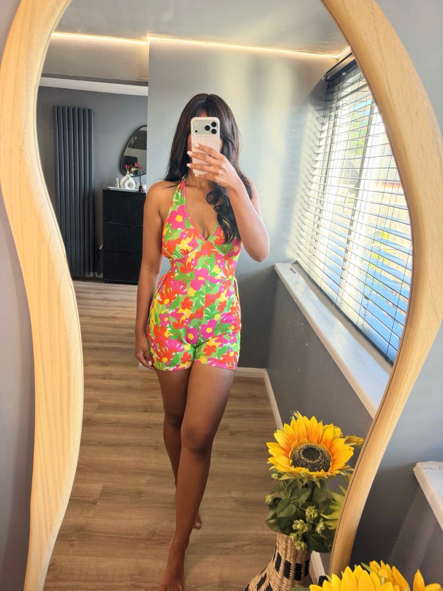 PrettyLittleThing Floral Halterneck Playsuit UK10 Pink Green Summer Holiday Festival Beach Romper