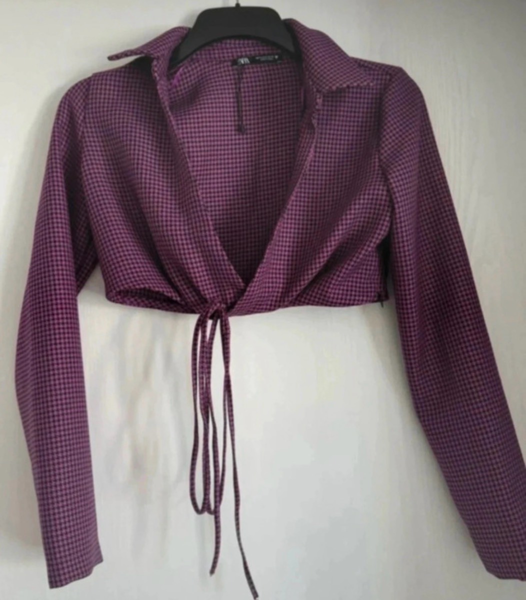 Zara Purple Houndstooth V-Neck Long Sleeve Collared Tie Front Crop Top Festival Summer holiday