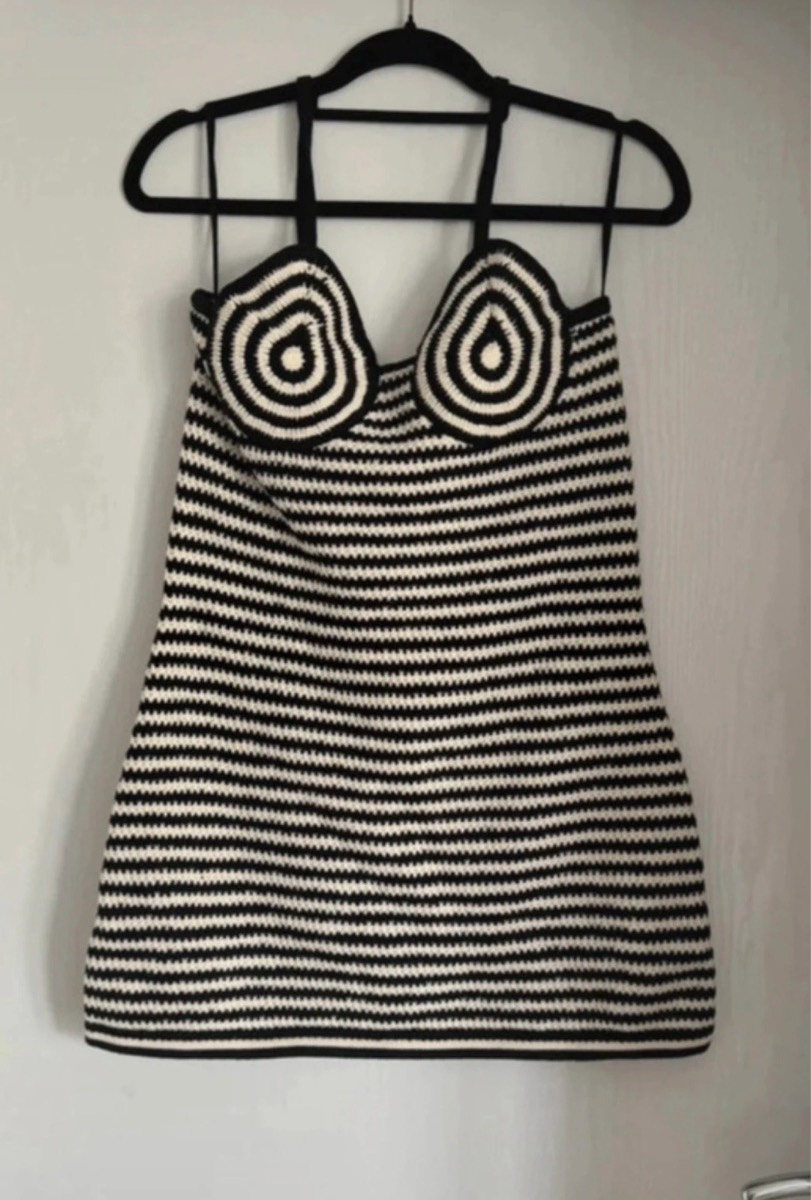 & Other Stories Crocheted Halter Neck Mini Dress Striped Size Large NEW