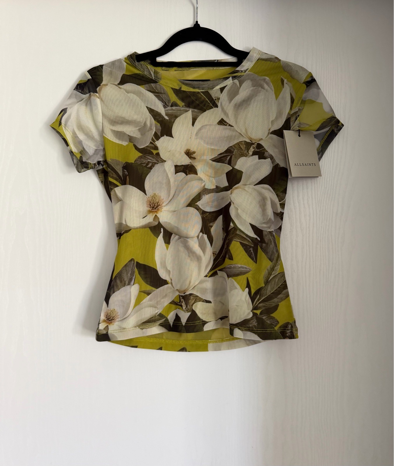 AllSaints Ellie Mesh Tee Floral Print T-Shirt Stem Green Summer Size 8