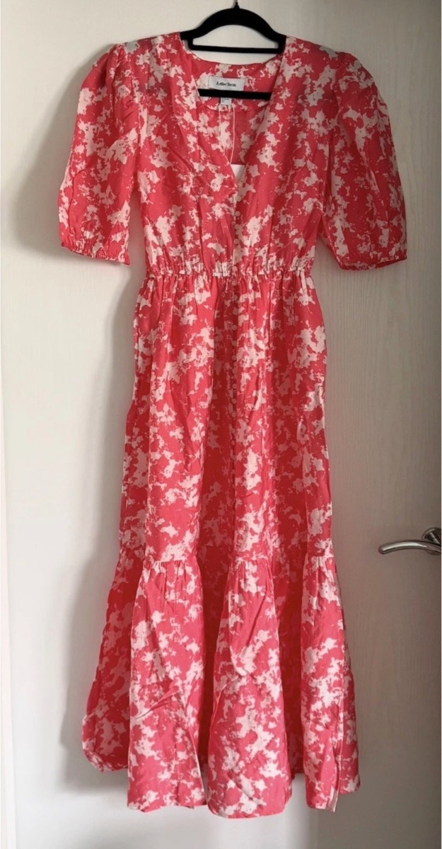 & Other Stories Tiered Volume Button Through Maxi Dress Pink Marble Print Size 6