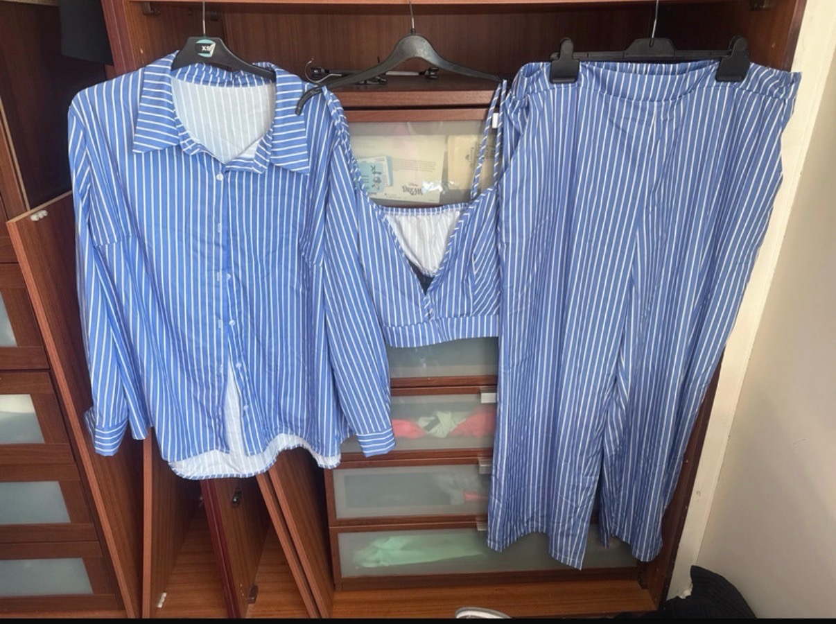 Shein curve lightweight 3 piece summer pinstripe shirt and trouser set size 3XL