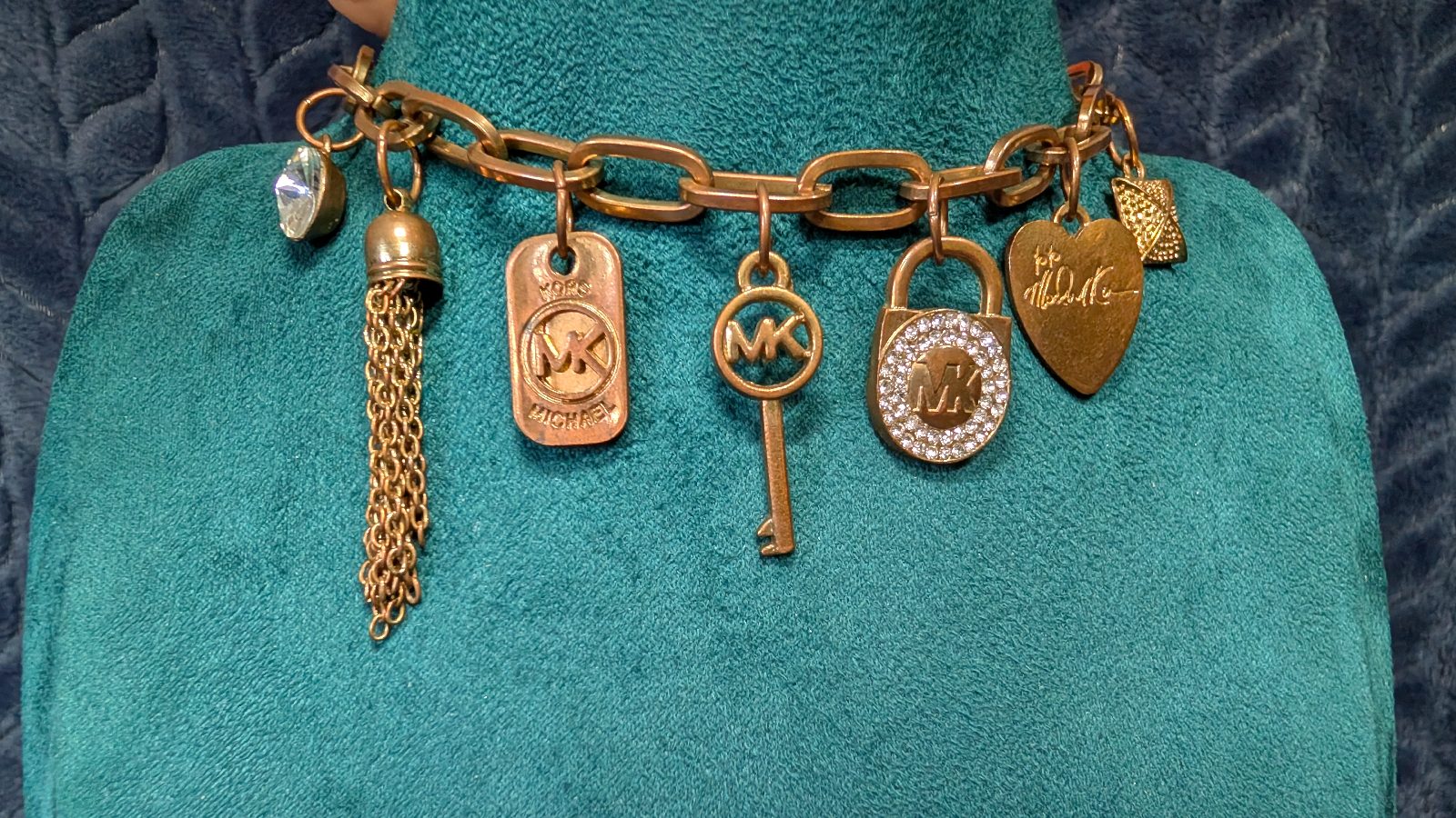 Michael Kors Bronze Tone Charm Bracelet T-Bar Crystal MK