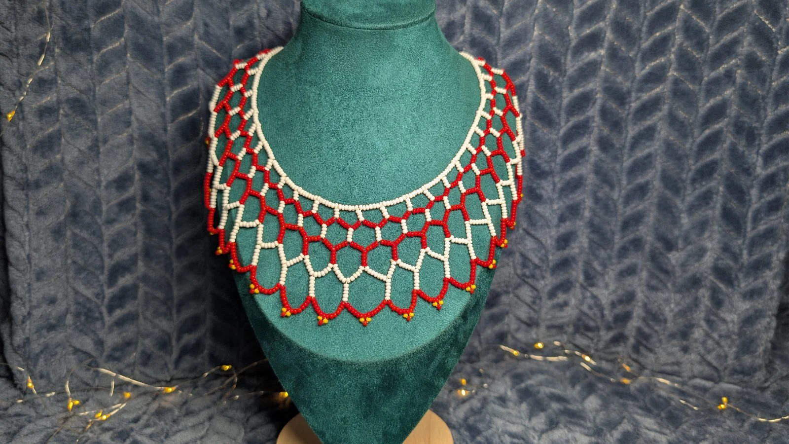 Handmade Red & Cream Beaded Bib Collar Necklace Boho Festival