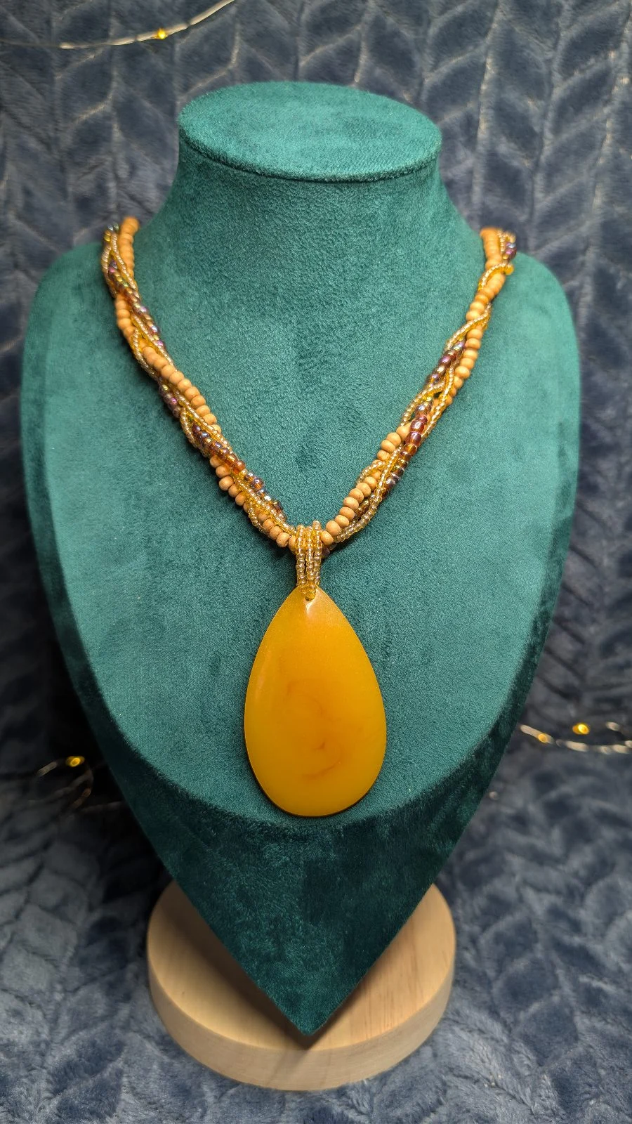 Mustard Teardrop Pendant Multi Strand Beaded Necklace Boho