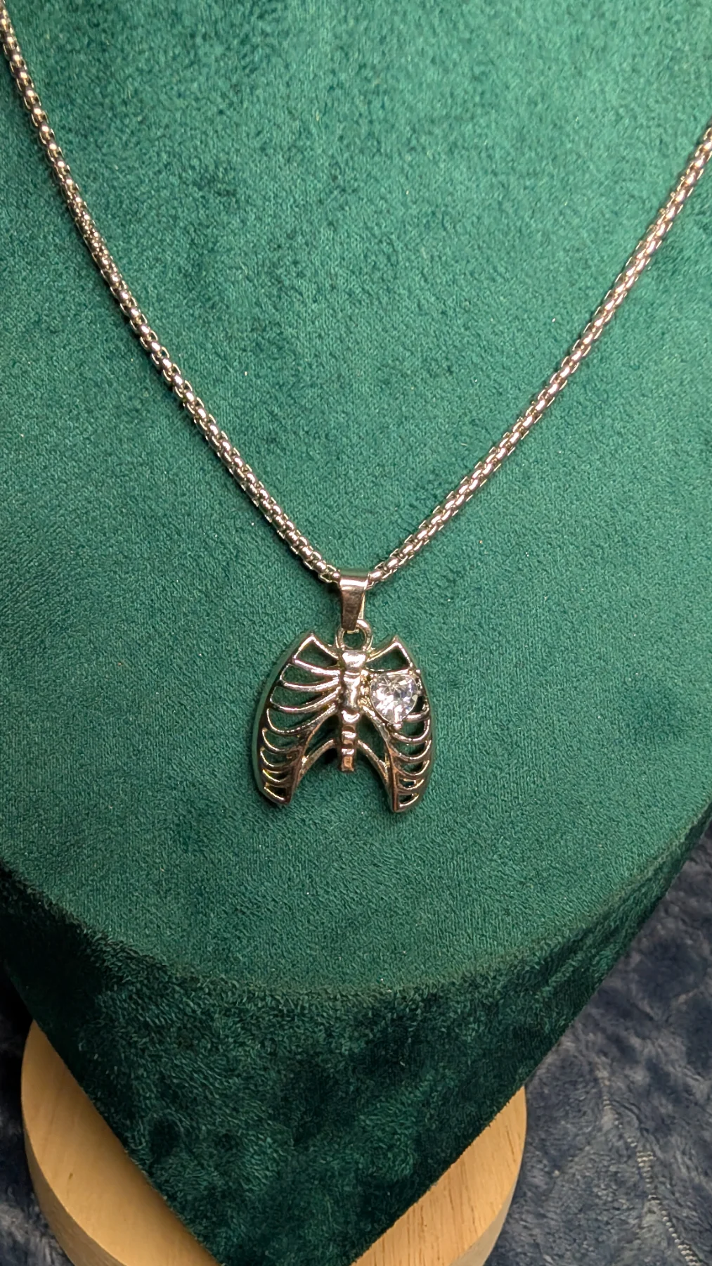 Anatomical Ribcage Pendant Necklace Silver Tone Rhinestone