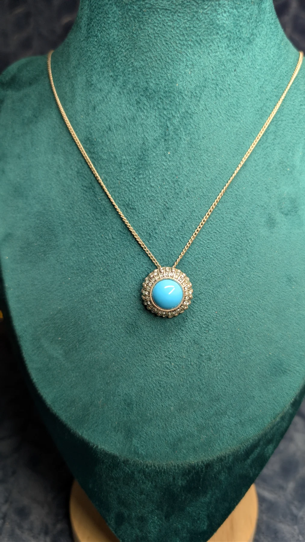 Turquoise Blue Cabochon Rhinestone Halo Necklace Silver Tone