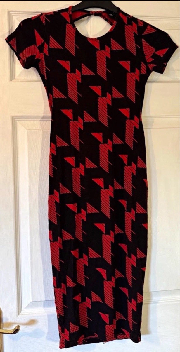 ASOS Red & Black Geometric Print Bodycon Midi Dress Open Back Size UK 6