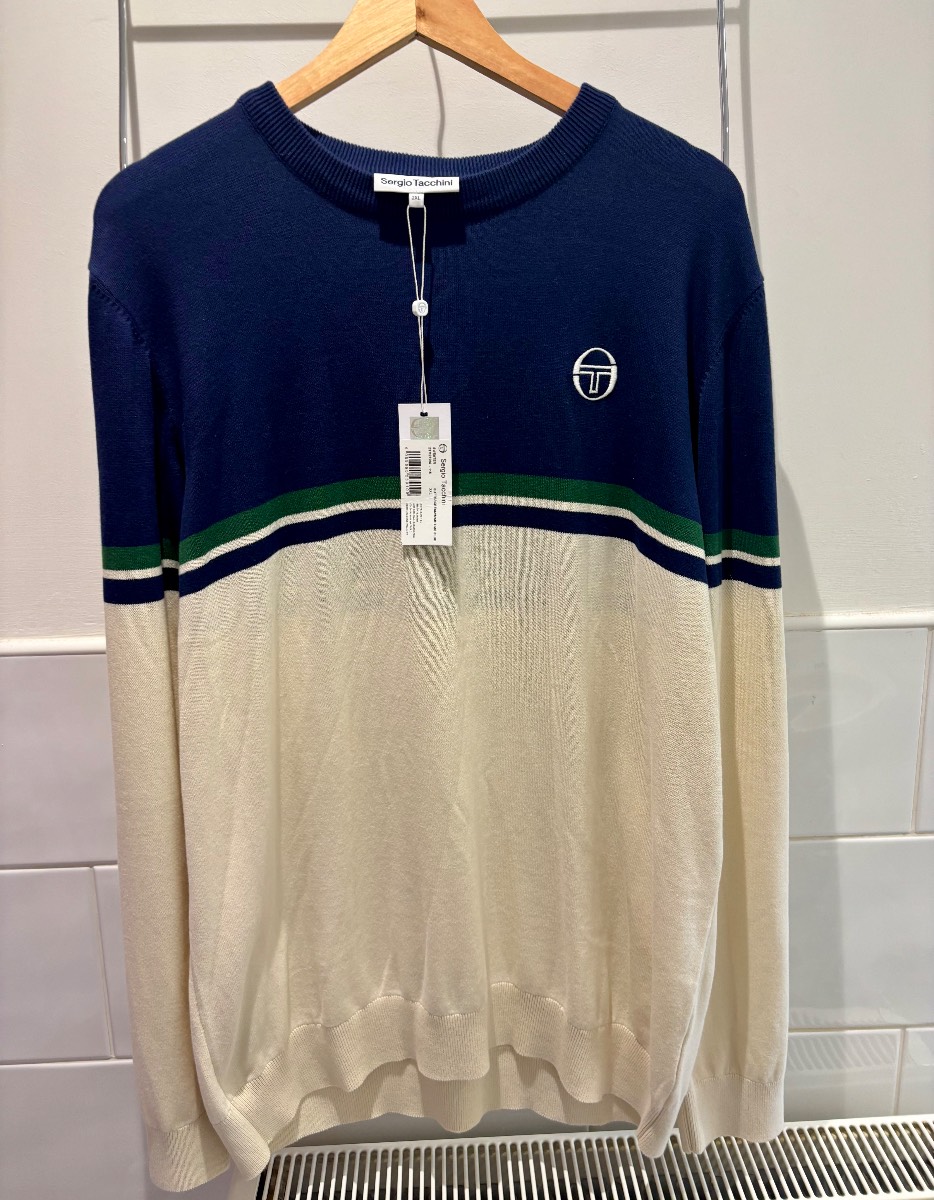 Sergio Tacchini Brio Crew Neck Knit Buttercream/Navy Blue 2XL XXL Brand New With Tags