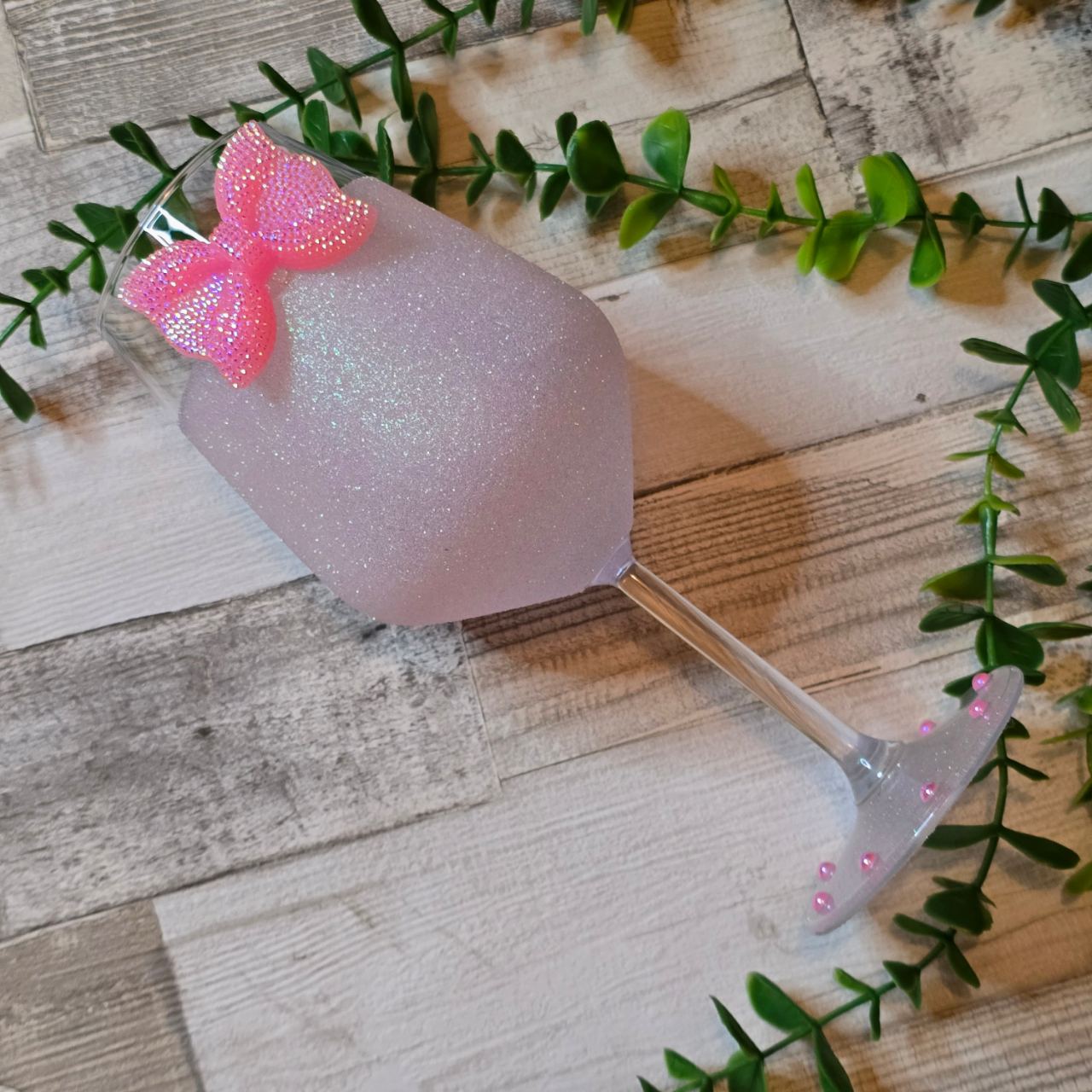Pink Glitter Sparkly Wine Glass With Bling Bow Cute Girly Gift Wedding Birthday Christmas