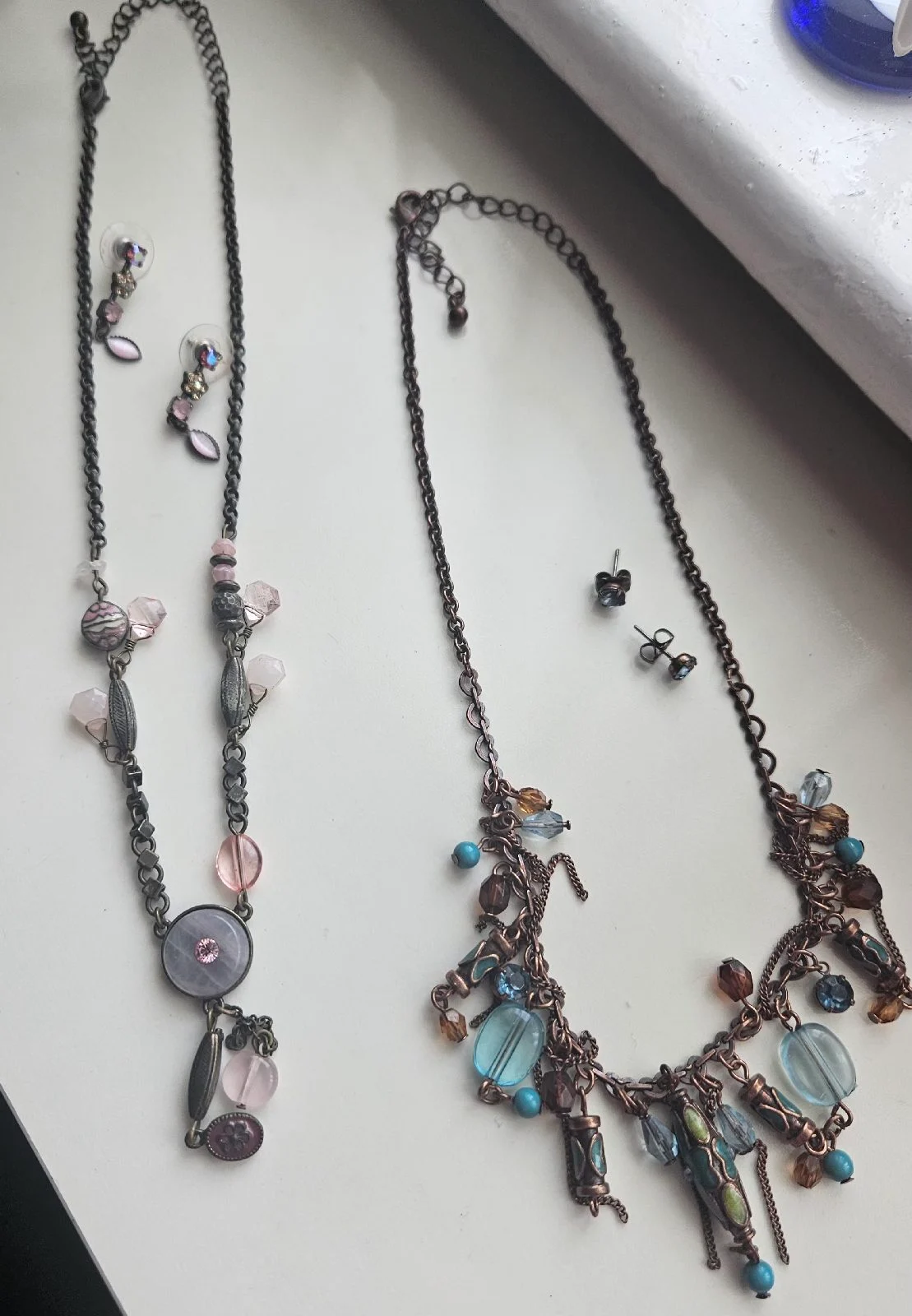 Vintage Boho Antique Bronze Statement Cluster Necklace and Stud Earrings Sets