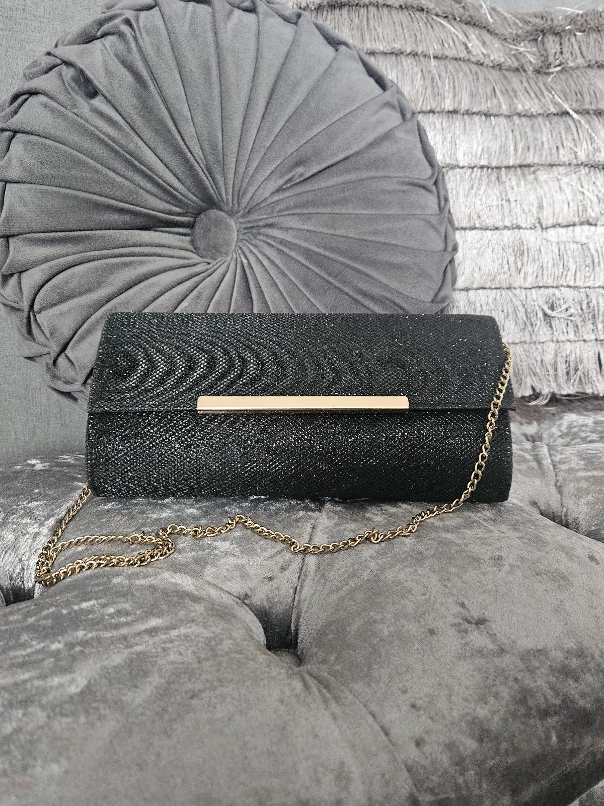 Sparkly Black Glitter Evening Envelope Clutch Bag with Gold Chain Strap