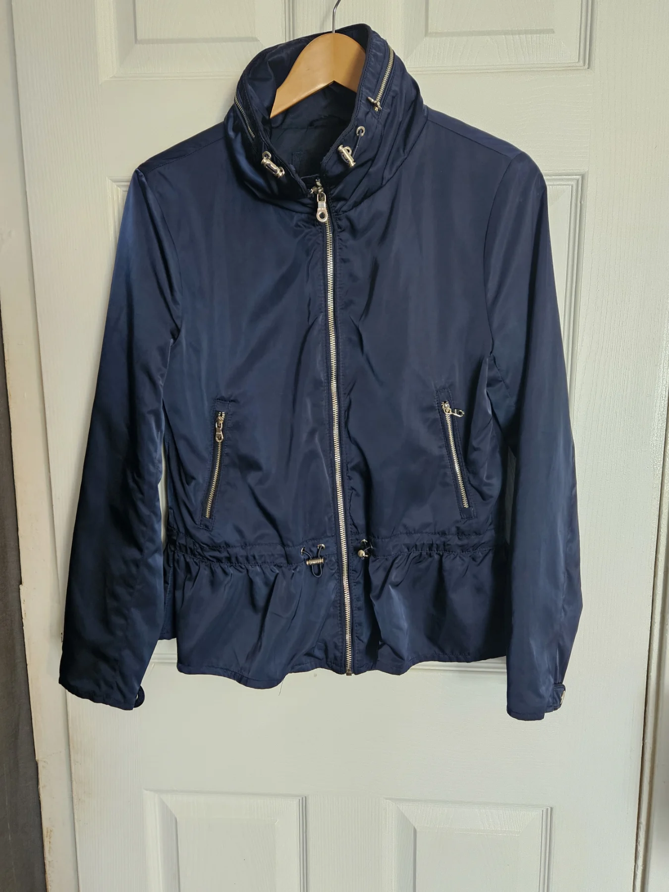 Navy Blue Lightweight Hooded Utility Jacket with Drawstring Waist