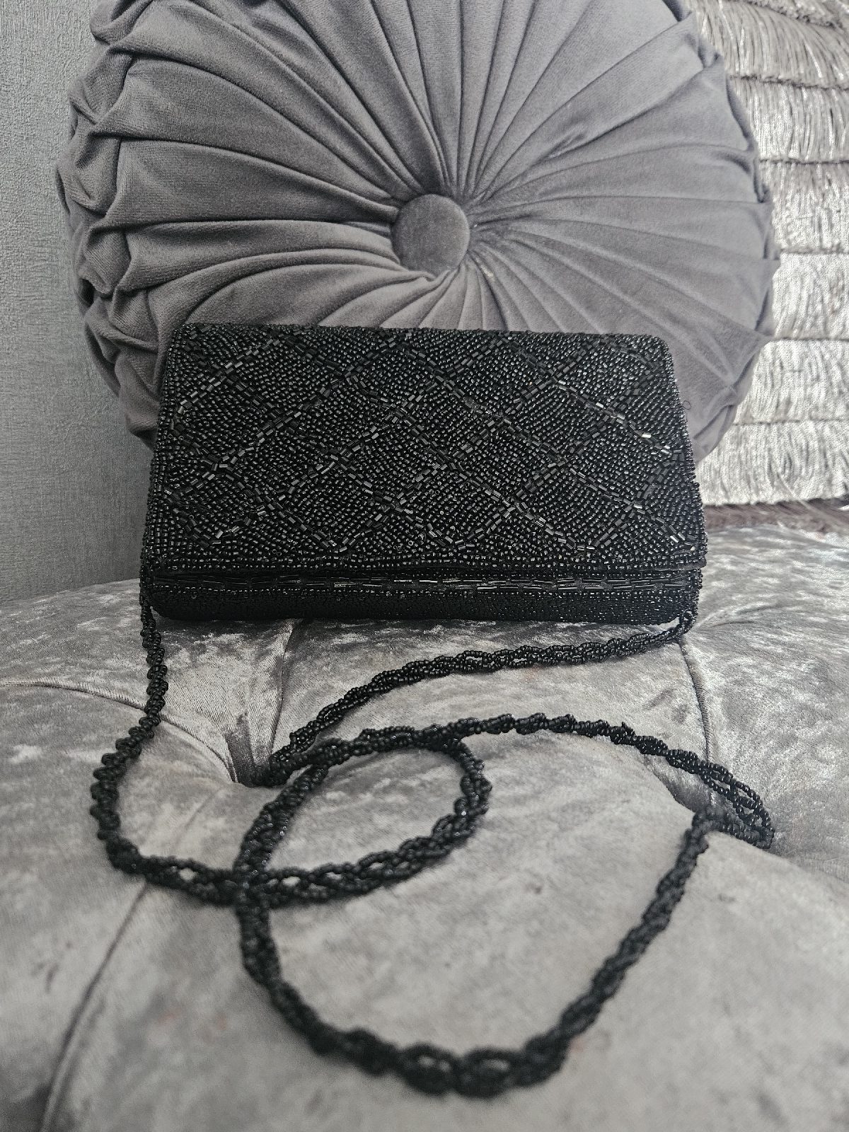 Vintage Black Beaded Evening Bag  Art Deco Geometric Diamond
